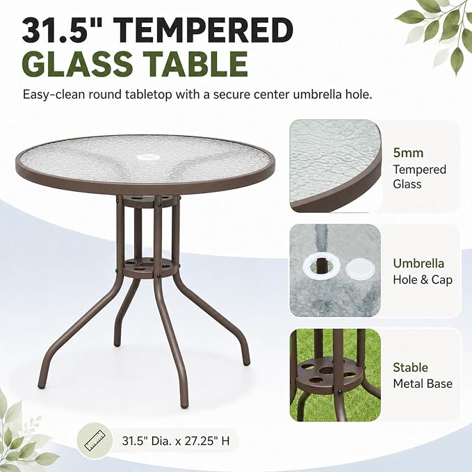 6-Piece Patio Dining Set for 4 with Umbrella, Outdoor Table and Chairs Set with 4 Folding Chairs, Round 31.5" Tempered Glass Table for Garden Backyard Poolside (Beige)