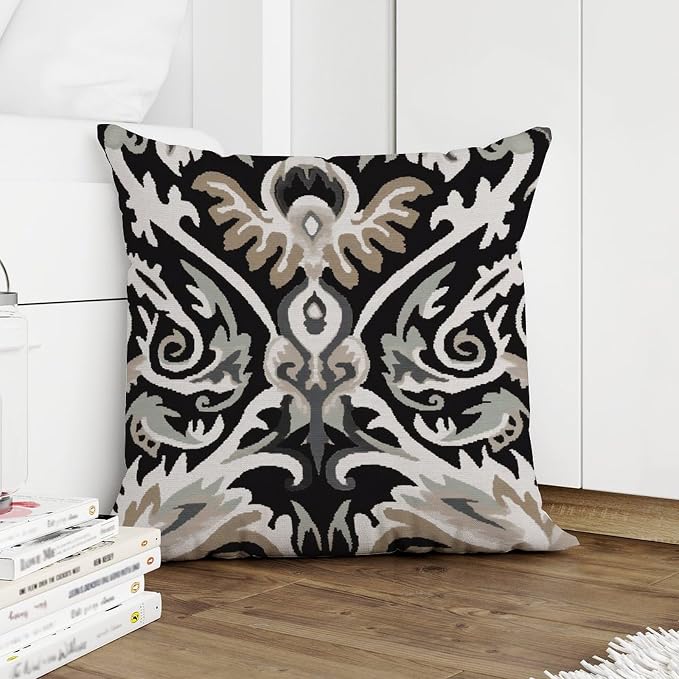 Ikat Black Brown Throw Pillow Covers Euro Sham Charcoal Cushion Cover 26x26 INRustic Accent Decorative Cushion Cases Home Decor for Patio Funiture Garden