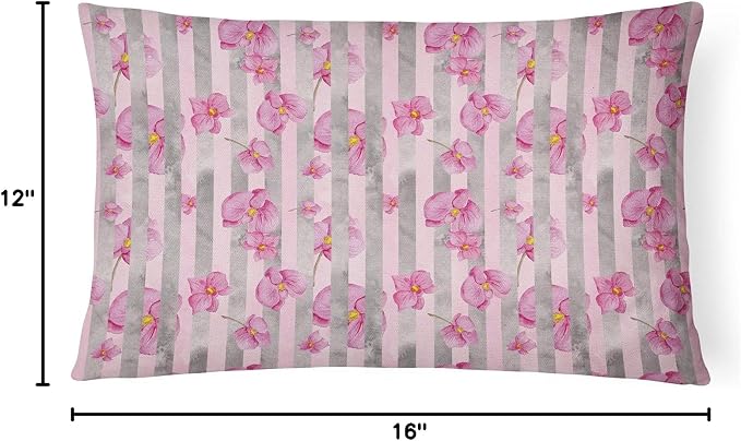 Caroline's Treasures BB7502PW1216 Watercolor Pink Flowers Grey Stripes Canvas Fabric Decorative Pillow Machine Washable, Indoor Outdoor Decorative Pillow for Couch, Bed or Patio, 12HX16W