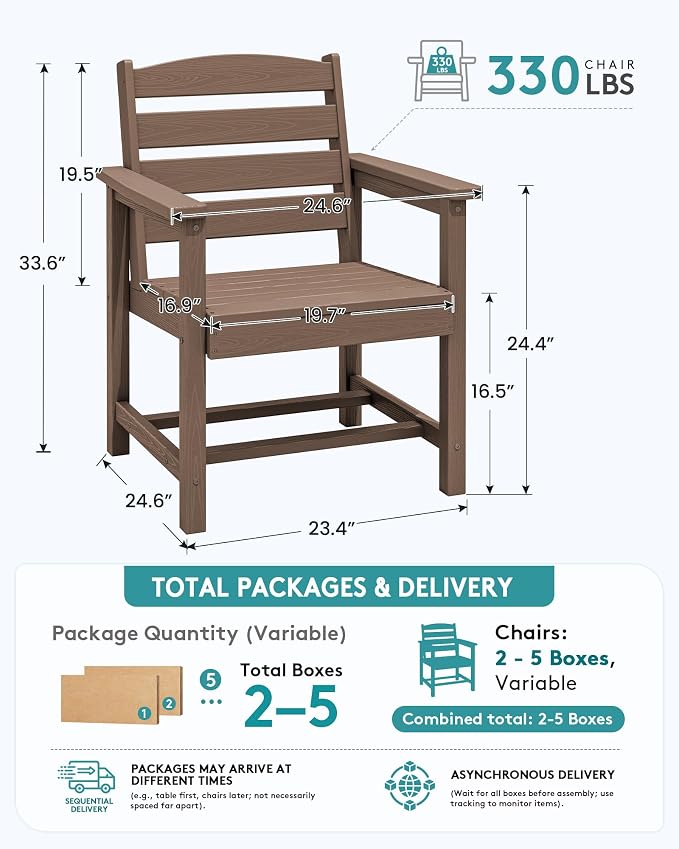 SERWALL Outdoor Dining Chairs Set of 4, All-Weather HDPE Patio Chair with 19.7" Widened Seat, for Backyard, Garden, Brown