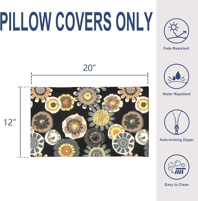 Pack of 2 Outdoor Lumbar Pillow Covers, All Weather Cushion Pillow Cases 12x20 Inch, Pillowcase for Patio Couch Decoration, Black Yellow Crosby