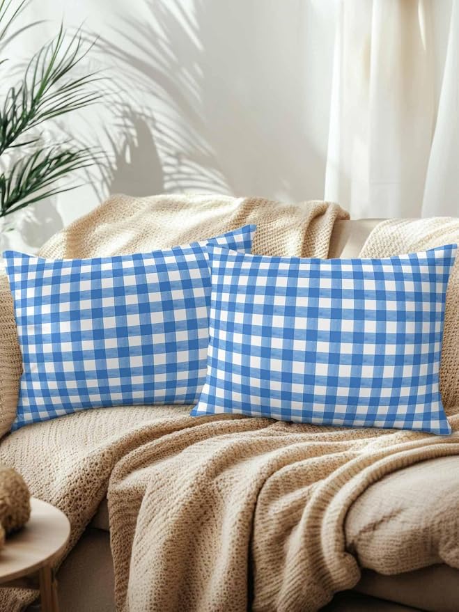 Outdoor Waterproof Throw Pillows Light Blue Gingham Check Patio Pillows Pack of 2,Decorative Pillow Covers with Insert,Pillow Cushion Case for Garden Couch Sofa Country Classic Plaid