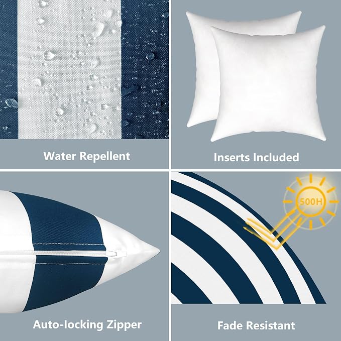 LVTXIII Outdoor Throw Pillows, Decorative Throw Pillows with Inserts, 20"x20" Square Pillows for Bed, Couch, Sofa and Patio Furniture, Set of 2, Cabana Navy