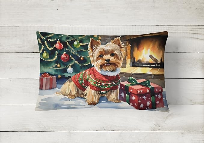 Caroline's Treasures DAC2768PW1216 Yorkshire Terrier Cozy Christmas Throw Pillow Machine Washable, Indoor Outdoor Decorative Pillow for Couch, Bed or Patio, 12HX16W