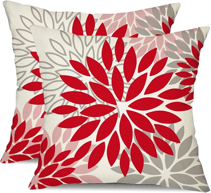 DFXSZ Outdoor Waterproof Pillow Covers 18x18 Set of 2 Red Pink Grey Flower | Spring Summer Waterproof Flower Throw Pillowcases（No Inserts）Decor for Valentines Patio Funiture Garden Polyester Covers