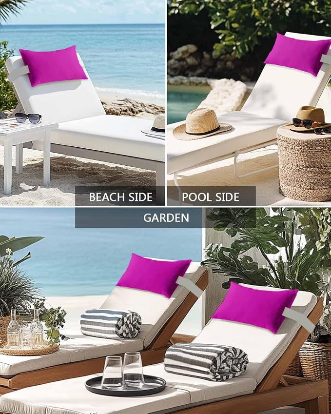 Outdoor Pillow for Lounge Chair with Strap & Insert Rosy Red Recliner Head Pillow Solid Pink Color Waterproof Headrest Patio Lumbar Pillows for Beach Pool Office Chaise Chair 12x20 Inch
