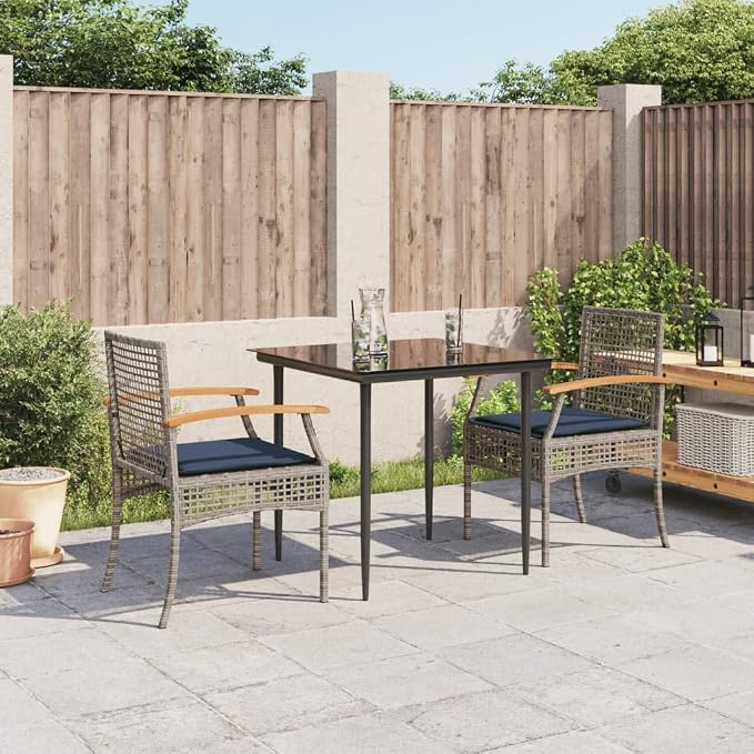 3 Piece Patio Dining Set with Cushions Gray Poly Rattan Outdoor Furniture Table and 2 Chairs for Garden Backyard, Navy Blue Cushions with Removable Covers, Tempered Glass UV-Proof Steel Frame