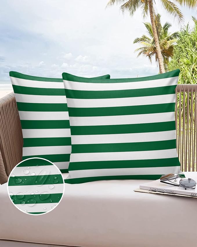 Outdoor Waterproof Pillow Covers for Patio Furniture Merry Christmas Decorative Throw Pillow Cover Green And White Stripes Pillowcases Set of 2 Cushion Case for Sofa Couch Chair Home Decor 26 x 26 In