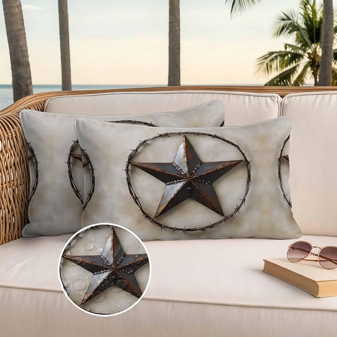 Farmhouse Vintage Waterproof Outdoor Pillow Covers Set of 2 Home Decor, Country Western Texas Star Aesthetic Pillowcase Patio Pillow Covers for Couch Bench Furniture Garden 20x12in