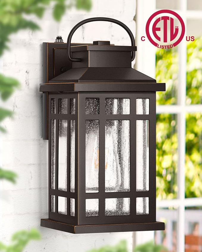 Dusk to Dawn Outside Lights, 2-Pack Oil Rubbed Bronze Exterior Lighting Fixtures with Gold Trim, Modern Patio Wall Sconce with Seed Glass, Waterproof Anti-Rust Outdoor Wall Light for Porch, Garage