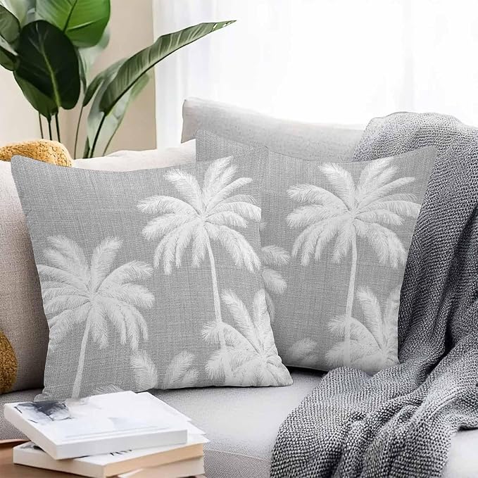 Outdoor Pillow Covers 26x26 Inch Set of 2, Grey Palm Trees Waterproof Throw Pillow Covers, Farmhouse Tropical Summer Beach Decorative Cushion Pillowcases for Couch, Sofa, Bed, Garden, Patio