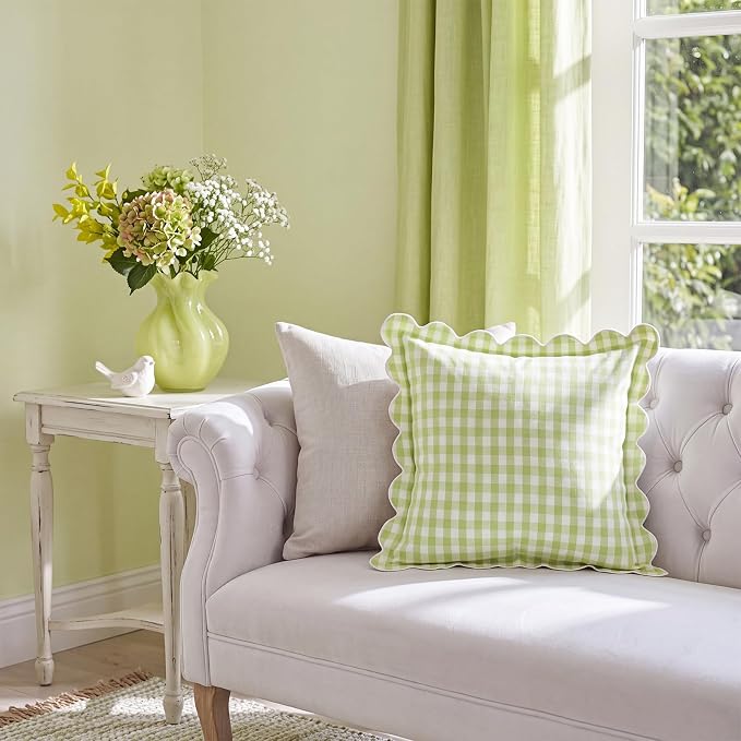 Gingham Scalloped Throw Pillow Cover 20"x20",Green