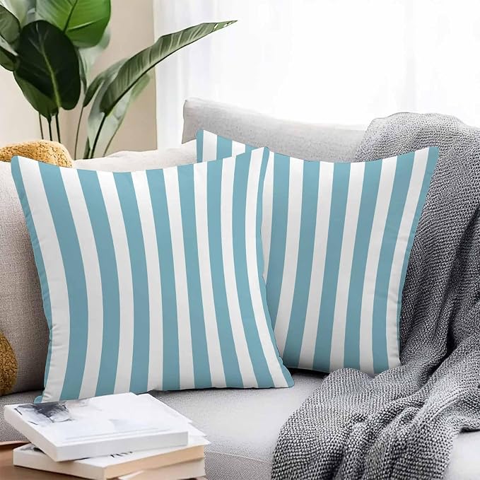 Aqua Striped Outdoor Waterproof Throw Pillow Covers 16x16 Set of 2, Modern Farmhouse Blue White Stripes Decorative Pillowcases Cushion Pillowcase for Couch Sofa Patio Outside Pillow Protector