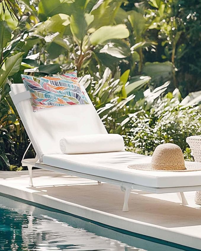 Abstract Stripes Outdoor Pillows with Insert 11x16 Inch Red Orange Blue Gradient Wavy Lines Leaf Waterproof Headrest Pillows with Adjustable Strap Lounger Chair Throw for Patio Furnitures , 2 Pack