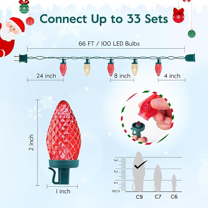 C9 LED Christmas String Lights, 66 ft 100 LED Strawberry Roof Lights, Commercial Grade Waterproof Extendable for Indoor Outdoor Roofline Home Xmas Decor, Red and Warm White