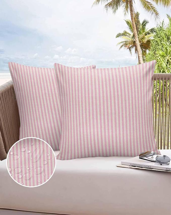 Outdoor Waterproof Throw Pillow Covers Set of 2 Pink Stripes Pillowcases 24x24 Inches Linen Classic Vertical Striped Patio Decorative Pillows Cushion Case Patio Pillows for Couch Bed Chair Garden