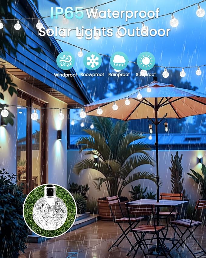 Solar String Lights Outdoor Waterproof 2 Pack 100 LED 64FT Patio Lights | White Crystal Globe, 8 Lighting Modes, Auto On/Off, Solar Powered String Light for Outside Yard Wedding Party Tree Decoration