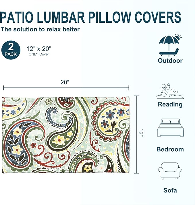 DYTXIII Pack of 2 Outdoor Waterproof Lumbar Pillow Covers ONLY, 12x20 Rectangle Decorative Double Printed Pillow Cases for Patio Couch Porch Furniture - Paisley Lightcyan