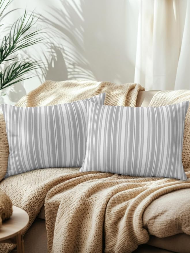 Waterproof Outdoor Pillow Set of 2 Grey Stripes Decorative Throw Pillows Cover & Insert 20x12 Inch Lumbar Pillowcase White Lines Lines Pillows for Couch Sofa Bed Patio Furniture Indoor Outdoor
