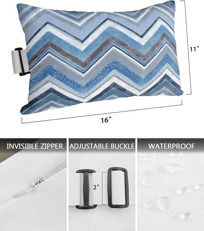 Outdoor Pillows Covers with Inserts Northern Europe Blue Geometric Wave Stripes Waterproof Recliner Pillow with Adjustable Strap Throw Pillows for Patio Furniture Pool Lounge Chair, 11x16 inch, 1PCS