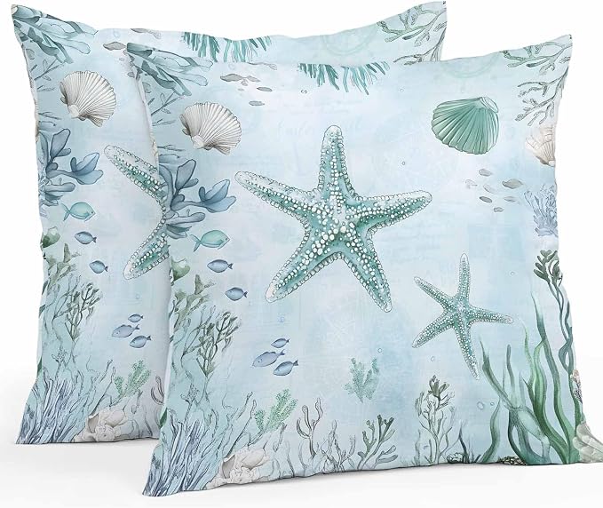 Coastal Starfish Waterproof Outdoor Pillow Covers Set of 2 Home Decor, Nautical Coral Tropical Fish Seashells Pillowcase Patio Pillow Covers for Couch Bench Furniture Garden 20x20in