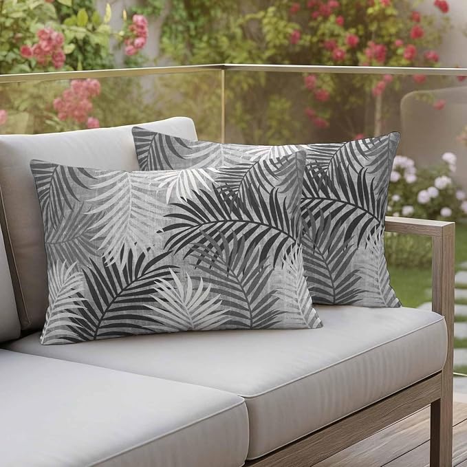 Outdoor Waterproof Throw Pillow Covers, Grey Palm Leaves Decorative Pillow Cases, Summer Botanical Tropical Leaf Couch Pillow Protector Patio Sofa Cushion Covers Replacement 20"x12" 2 Pack