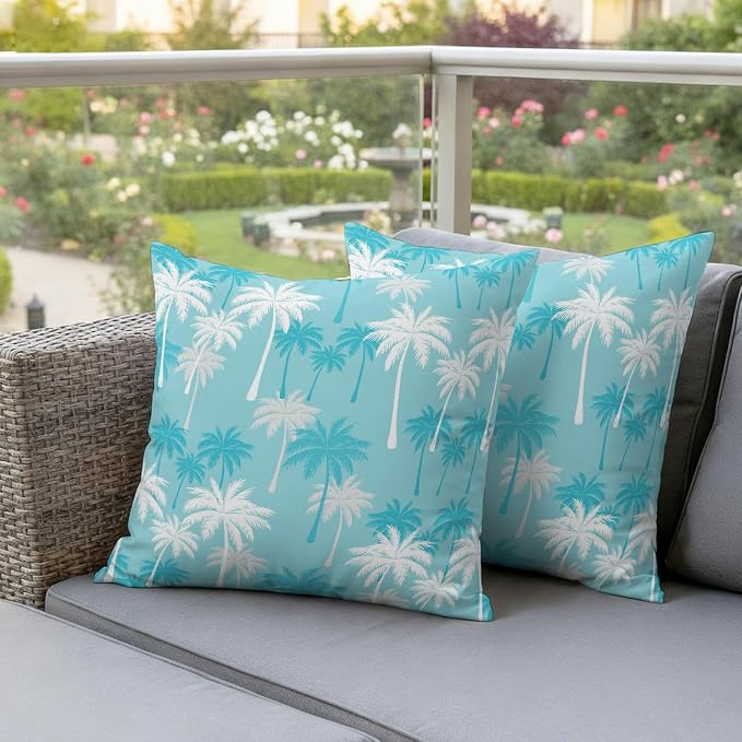 Throw Pillow Covers 16x16 Inch Set of 2, Tropical Palm Tree Waterproof Outdoor Pillow Covers, Blue Cyan Plants Coastal Leaf Beach Decorative Cushion Pillowcases for Couch, Sofa, Bed, Garden, Patio