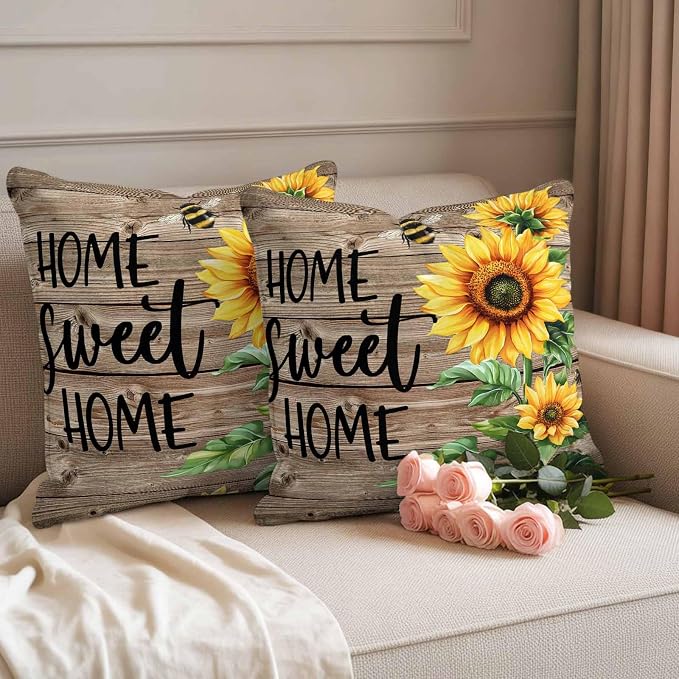 Throw Pillow Covers 26x26 Inch Set of 2, Sunflower Bee Waterproof Outdoor Pillow Covers, Farmhouse Country Wooden Plank Brown Decorative Cushion Pillowcases for Couch, Sofa, Bed, Garden, Patio