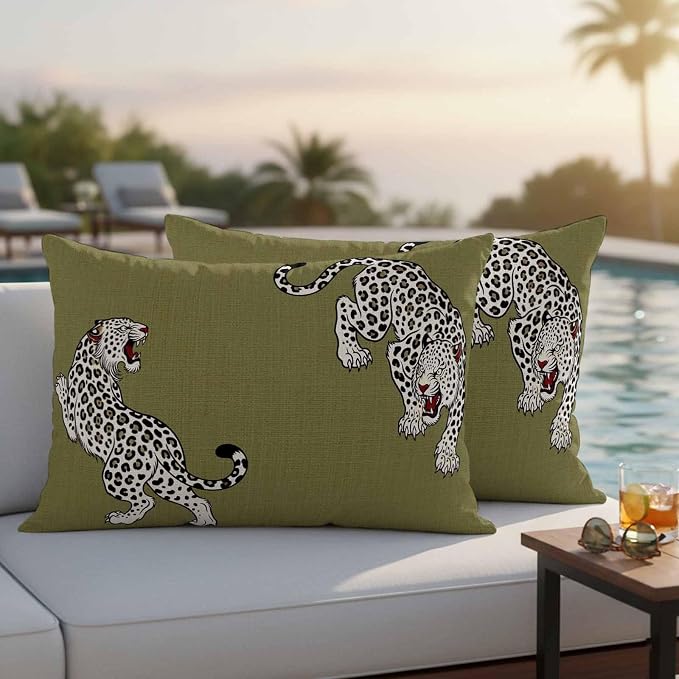 Yukro Green Leopard Outdoor Waterproof Pillow Covers Pack of 2, Modern Style Wild Animal Rustic Linen Texture Throw Pillowcases Decorative Cushion Covers for Garden Patio Tent Sofa Couch, 20x12 inch