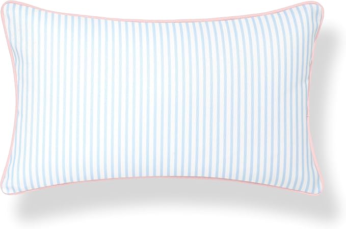 Hofdeco Premium Coastal Grandmillennial Patio Indoor Outdoor Lumbar Pillow Cover Only, 12"x20" Water Repellent for Backyard, Couch, Poolside, Baby Blue Pink Print Stripes