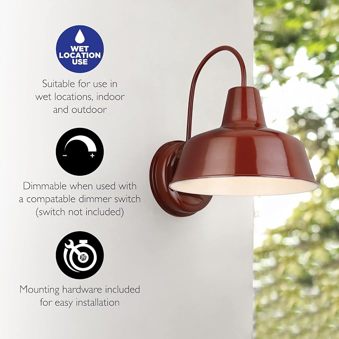 Design House Mason Farmhouse Gooseneck Barn Light, Outdoor Exterior Porch or Patio Wall Light Fixture, Rustic Red, 8 Inch Diameter, 1-Pack, 520559 | Wall Mount, Modern Farmhouse, Steel, Lighting, 520559