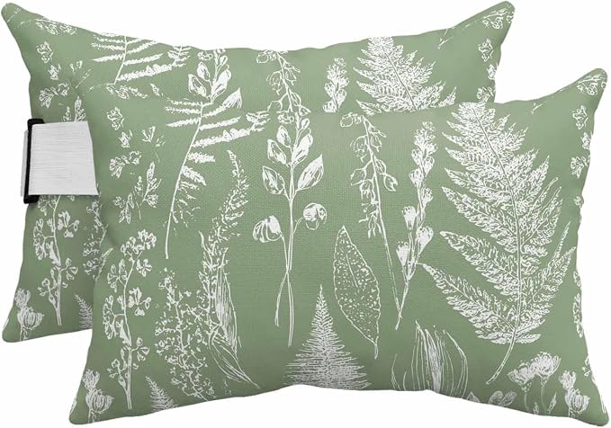 Outdoor Pillows for Chaise Lounge Chair Set of 2 Fern Leaves Sage Green Foliage Waterproof Lumbar Pillows with Insert for Beach Chair,Patio Office,Pool Recliner,Watercolor Botanical Sketch 11x16IN