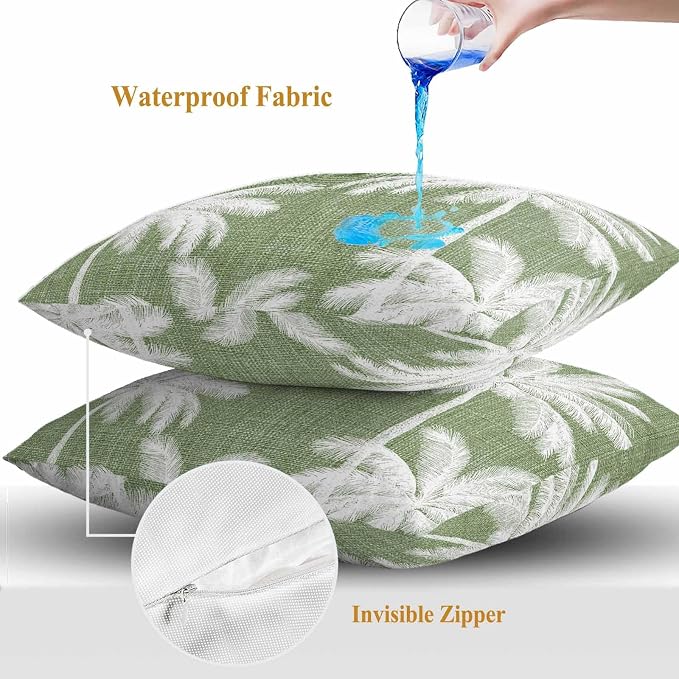Outdoor Pillow Covers 20x20 Inch Set of 2, Dark Sage Green Palm Trees Waterproof Throw Pillow Covers, Tropical Summer Beach Decorative Cushion Pillowcases for Couch, Sofa, Bed, Garden, Patio