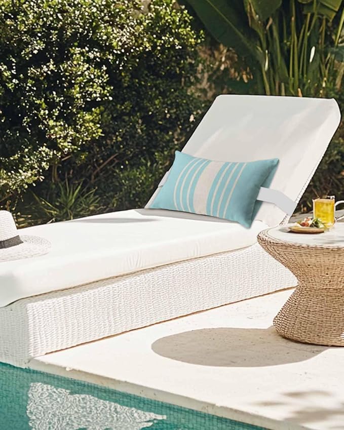 Pack of 4 Outdoor Lumbar Pillow Covers 12x20 Inch, Aqua Beige Striped Waterproof Throw Pillow Covers Set, Modern Farmhouse Retro Lines Indoor&Outdoor Decorative Cushion Cases for Patio Porch Beach