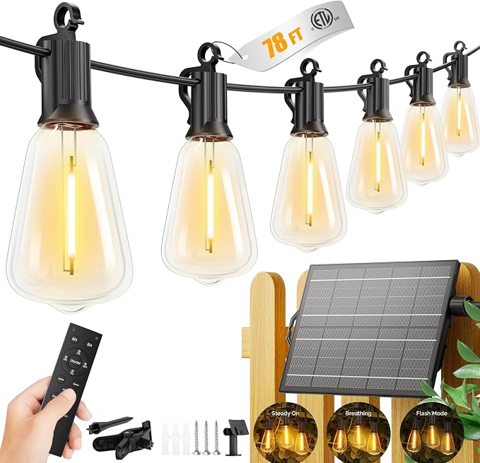 Brightown 78FT Solar String Lights Outdoor, 35+1 Shatterproof LED Bulbs | Waterproof, Remote Control, Dimmable, Timer, 3 Light Modes, Up to 26H Runtime for Backyard, Patio and Party Decor