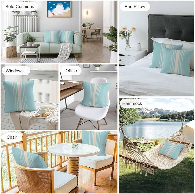 Throw Pillow Covers 20x20 Inch Set of 2, Aqua Beige Striped Waterproof Outdoor Cushion Covers, Modern Farmhouse Retro Lines Decorative Pillowcases for Couch, Sofa, Bed, Garden, Patio