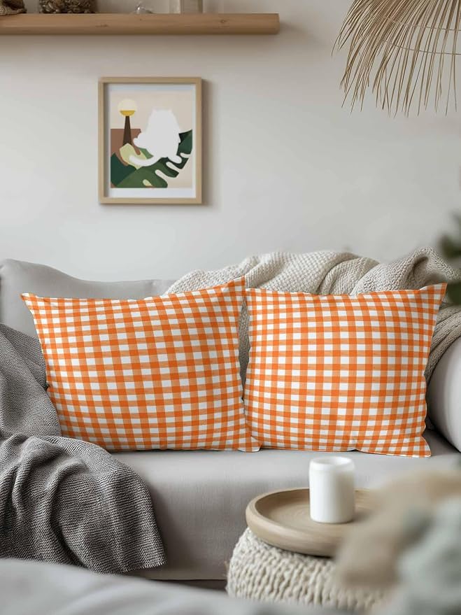 Outdoor Waterproof Throw Pillows Orange Buffalo Plaid Patio Pillows Pack of 2,Decorative Pillow Covers with Insert,Pillow Cushion Case for Garden Couch Sofa Classic Gingham Check Watercolor