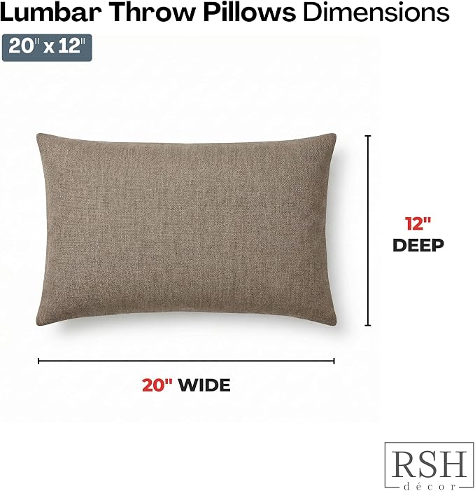 RSH DECOR: Sunbrella Lumbar Throw Pillows Set of 2 | 20" x 12" | Water & Fade-Resistant Performance Fabric | Outdoor Pillow Covers with Down-Alternative Inserts | Made in USA (Spectrum Mushroom Brown)