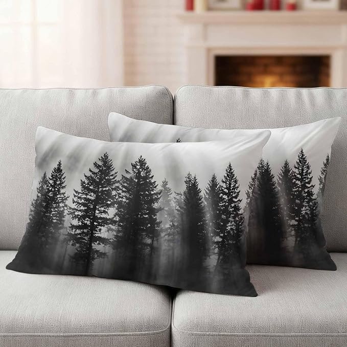 Black Forest Mist Scenery Outdoor Pillow Covers 20"x12" Set of 2, Nature Pine Trees Sunbeams Modern Waterproof Throw Pillow Covers for Patio Furniture, Decorative Cushion Covers for Porch