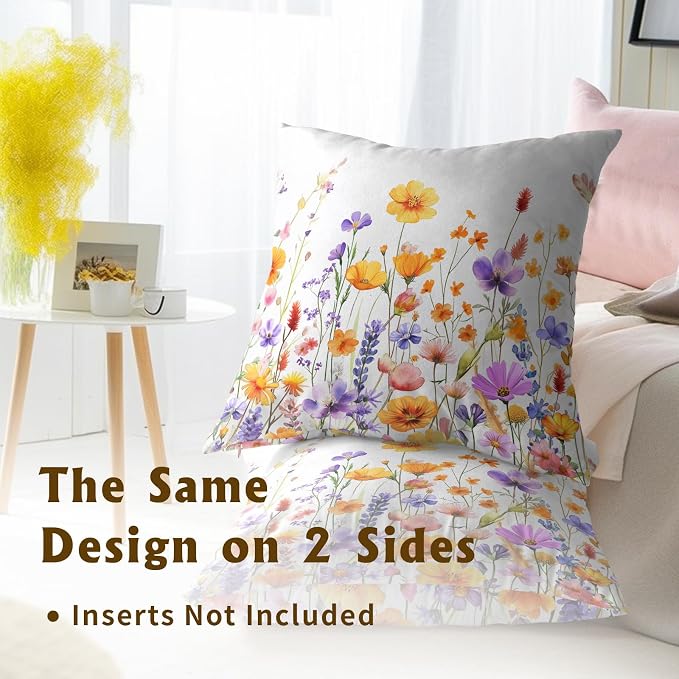 Watercolor Wildflowers Throw Pillow Covers 16x16 Inch Pack of 2, Orange Purple Floral Leaves Spring Summer Seasonal Square Cotton Pillowcases for Couch Sofa Garden Outdoor Decor