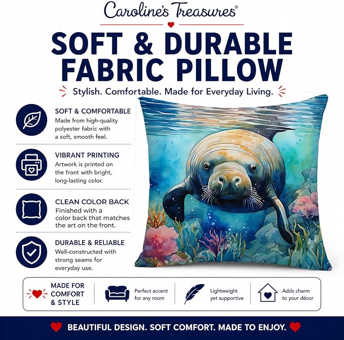 Caroline's Treasures Manatee Throw Pillow Machine Washable, Indoor Outdoor Decorative Pillow for Couch, Bed or Patio, 14Hx14W