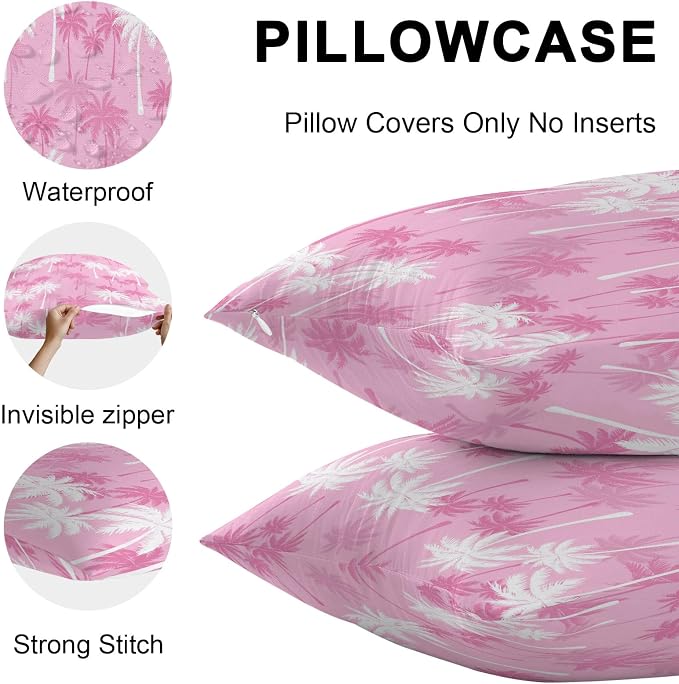 Throw Pillow Covers 24x24 Inch Set of 2, Tropical Palm Tree Waterproof Outdoor Pillow Covers, Magenta Pink Plants Coastal Leaf Beach Decorative Cushion Pillowcases for Couch, Sofa, Bed, Garden, Patio