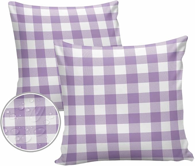 Outdoor Waterproof Throw Pillow Covers Set of 2 Purple Buffalo Check Plaid Pillowcases 20x20 Inches Farmhouse Style Patio Decorative Pillows Cushion Case Patio Pillows for Couch Bed Chair Garden
