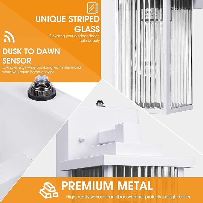 13" White Dusk to Dawn Outdoor Light, Exterior Light Fixture | Auto On and Off, Anti-Rust Metal Frame, Tempered Glass, E26 Socket, Easy DIY Install on Porch, Garage