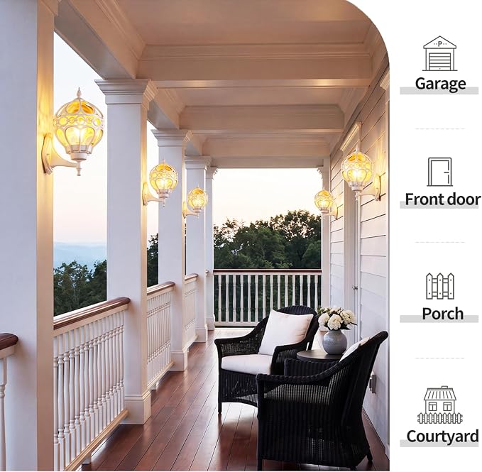 White Globe Outdoor Wall Lights, Round Exterior Wall Sconce for Patio, Porch, Entryway, Anti-Rust Aluminum Wall Mount Lighting Fixture, Outside Wall Lantern with Amber Glass & Ornate Cage, E26 Base