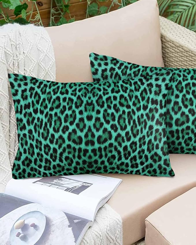 Vandarllin Outdoor Throw Pillows Covers 20x12 inch Set of 2 Waterproof Green Leopard Print Decorative Zippered Cushion Covers for Patio Furniture, Retro Animal Fur Pattern Lumbar Pillowcases