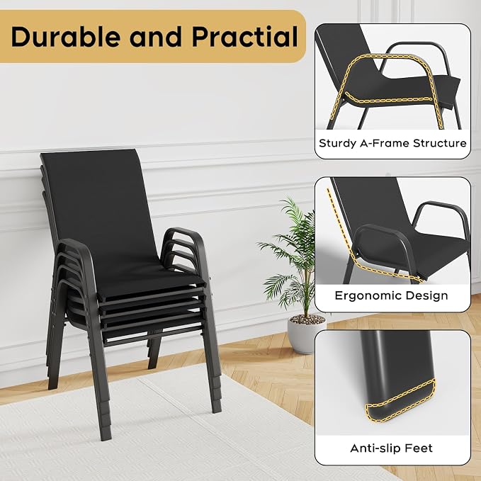 Outdoor Patio Dining Set for 4, 5 Pieces Patio Table and Chairs Set with Umbrella Hole, 41"x 41" Round Metal Wood-Grain Dining Table Set with 4 Stackable Patio Chairs for Deck , Backyard, Porch