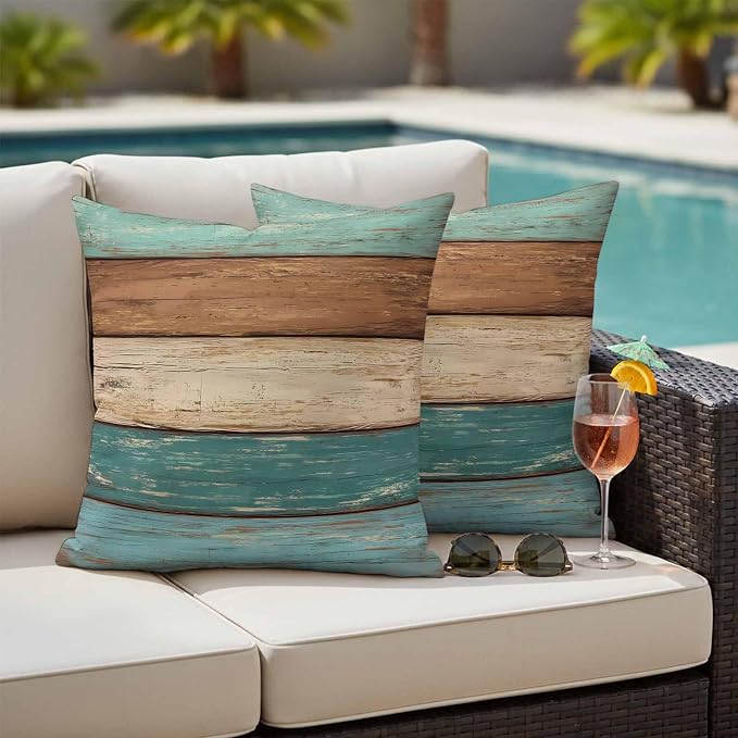 Outdoor Throw Pillows Covers 16X16 Set of 2 Waterproof Teal Turquoise Green Brown Decorative Zippered Cushion Covers for Patio Furniture, Farmhouse Retro Rustic Barn Wood Texture Lumbar Pillowcases