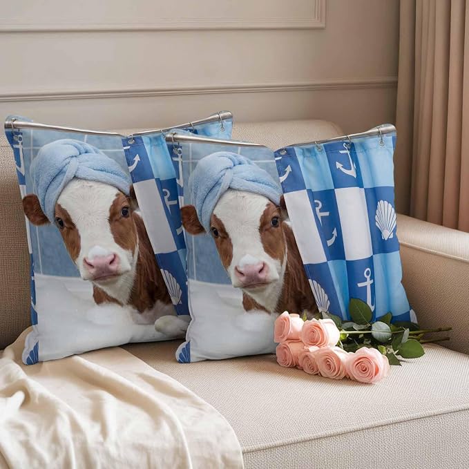 Bathing Cow Waterproof Outdoor Pillow Covers Set of 2 Home Decor, Funny Animal Showering Pillowcase Patio Pillow Covers for Couch Bench Patio Furniture Garden 24x24in