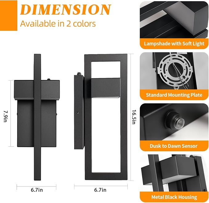 16.5'' LED Outdoor Wall Sconce Dusk to Dawn Outdoor Lighting, Modern Exterior Lighting Fixtures, Black LED Front Porch Lights Outside Wall Mount Lights for House, Hallway, 3000K, 2 Pack